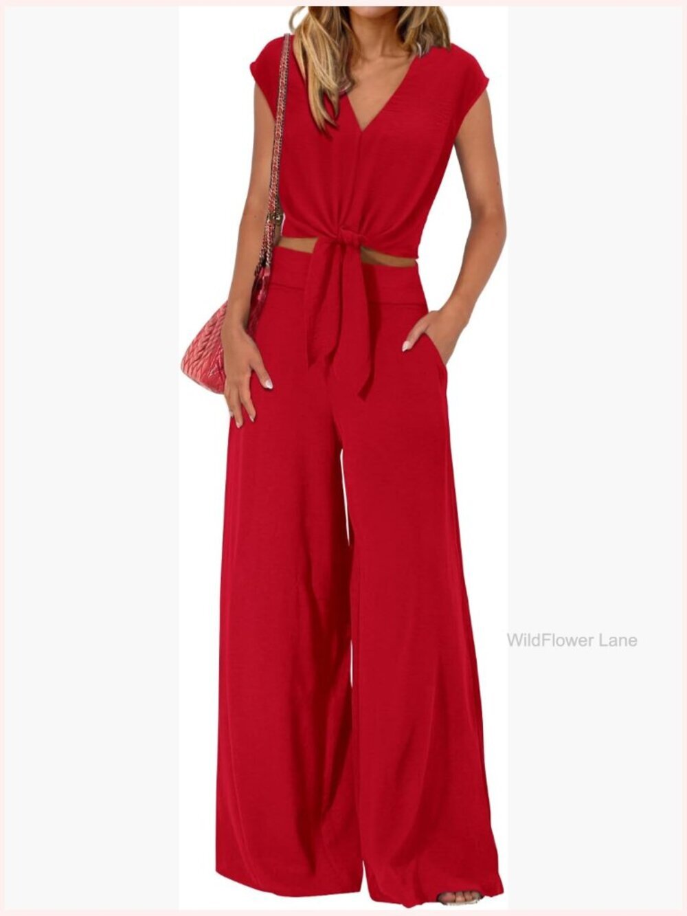 Women's 2 Piece Outfits Cap Sleeve V Neck Crop Top Wide Leg Pant Set